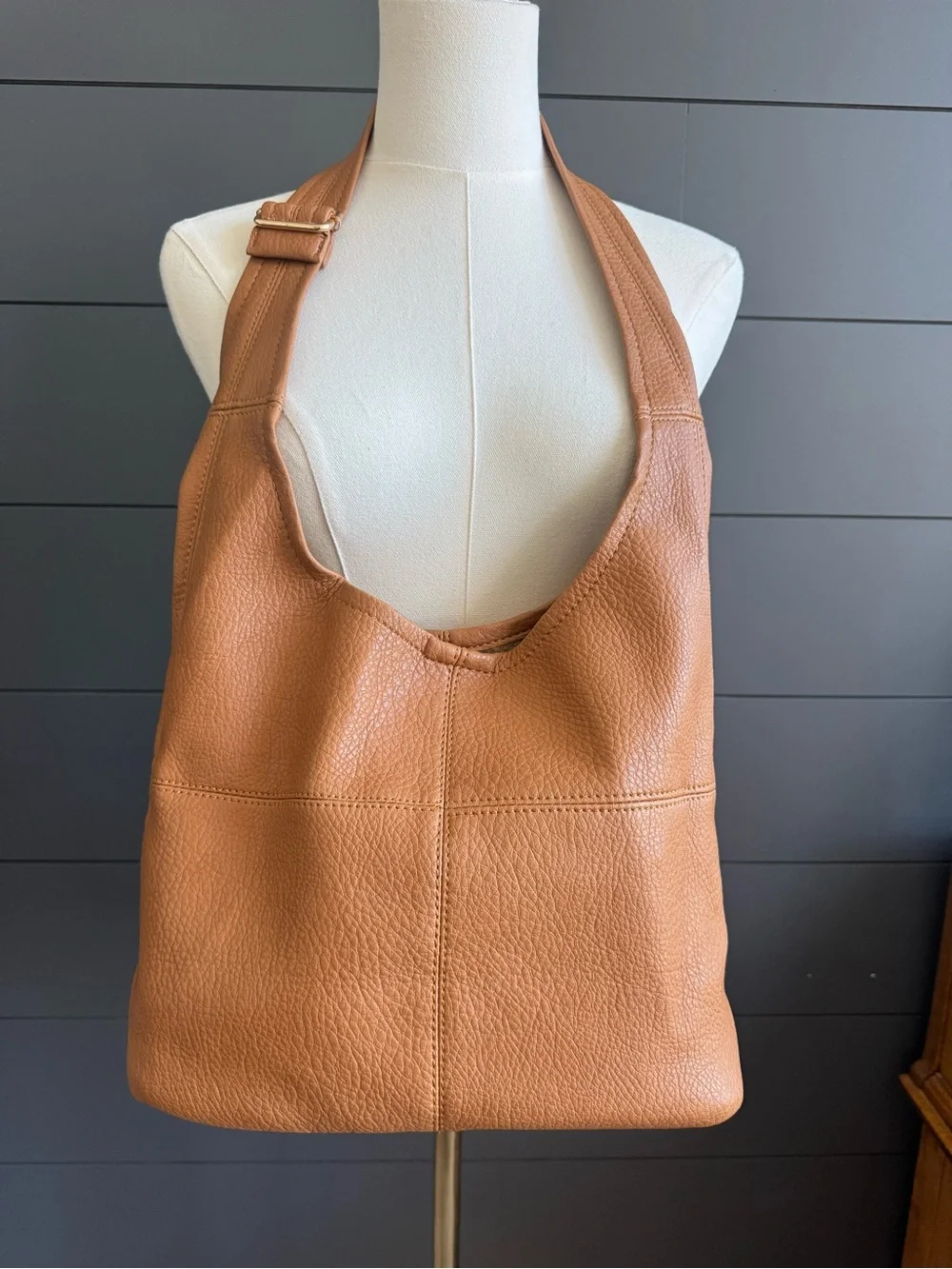 Pebbled Leather Hobo Cognac Shoulder Bag with Adjustable Strap Boho Minimalist